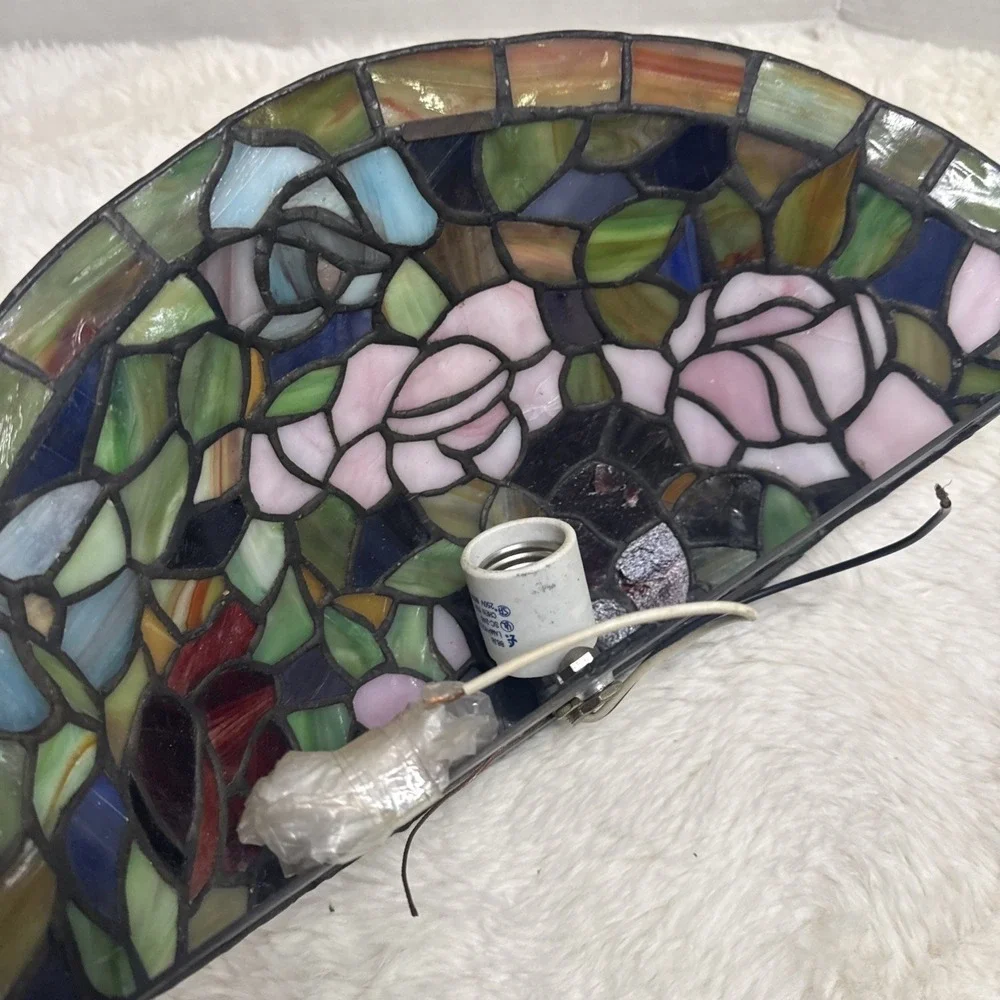 Tiffany Style Wall Sconce Rosebush Floral Vintage Stained Glass Round Fan Light
